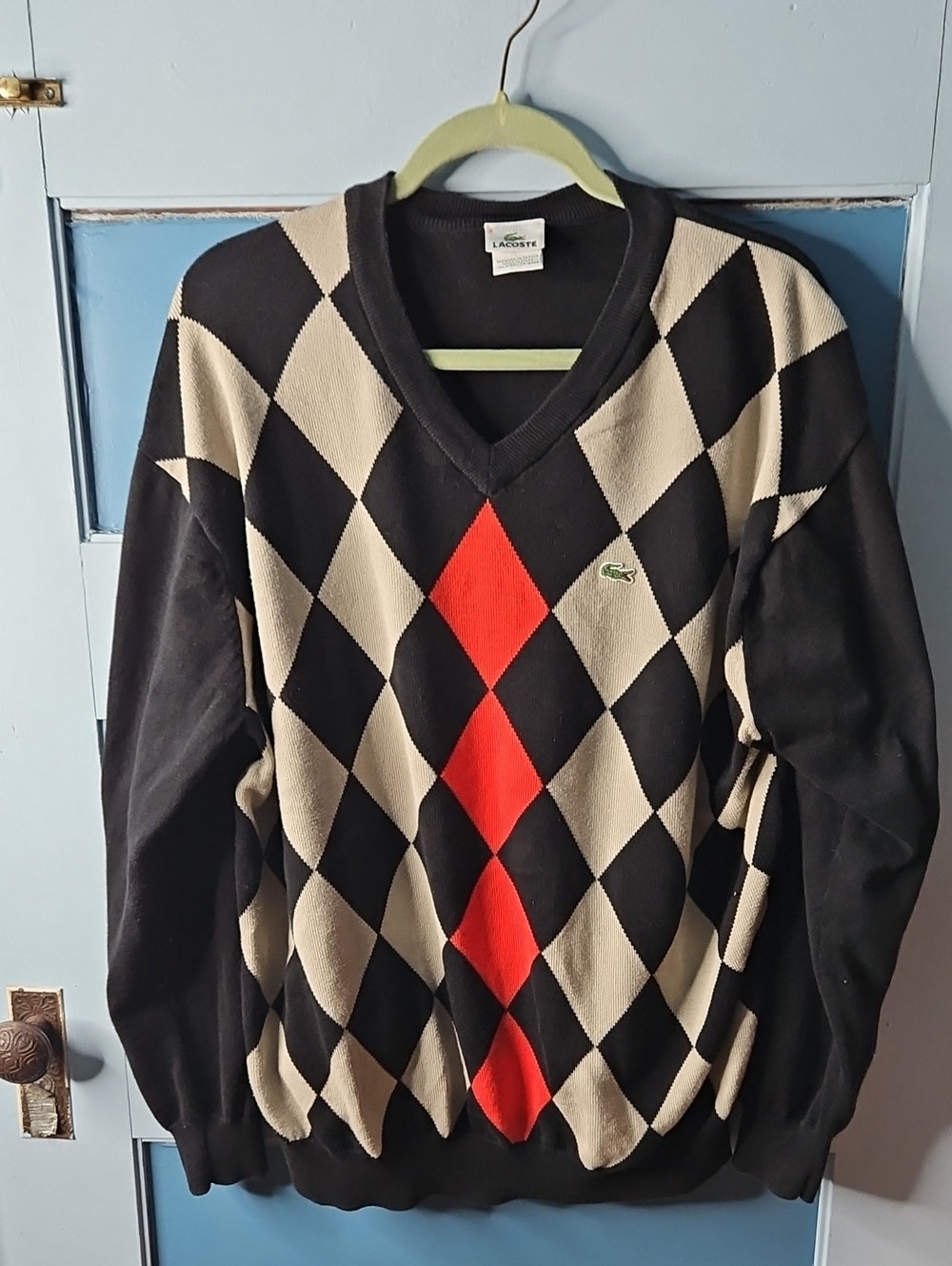 Lacoste Men’s Black, Cream & Red Argyle V-Neck Sweater